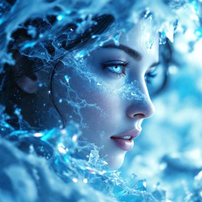 The primary subject of the image is a woman with blue eyes, who is looking at the camera. She is surrounded by a blue and white environment, which includes a blue background and a white surface. The visual style of the image is digital art, as it appears to be a digital painting or illustration. The woman's eyes are the dominant feature, and the overall atmosphere of the image is serene and captivating.